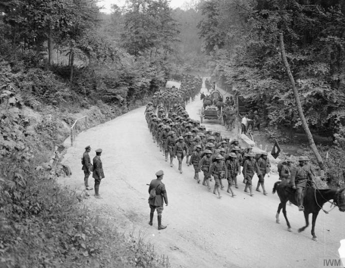 Troops of the 307th Infantry Regiment, 77th Infantry Division on the march in France, June 1918 (Imperial War Museum via Wikipedia)